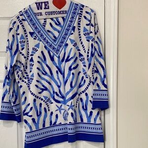 Blue and White Patterned V-Neck Top